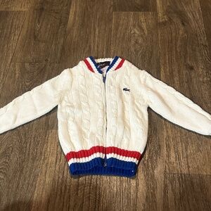 Vintage Lacoste Kids White Cardigan with Red and Blue Trim